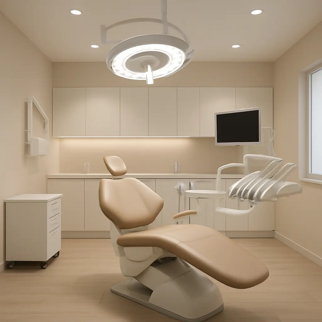 Interior de clínica odontológica moderna com cadeira e equipamentos profissionais