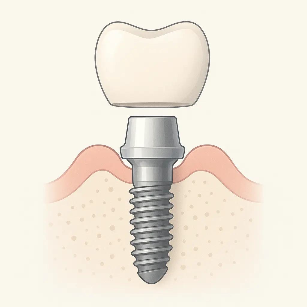 Diagrama técnico mostrando a estrutura de um implante dentário e seus componentes