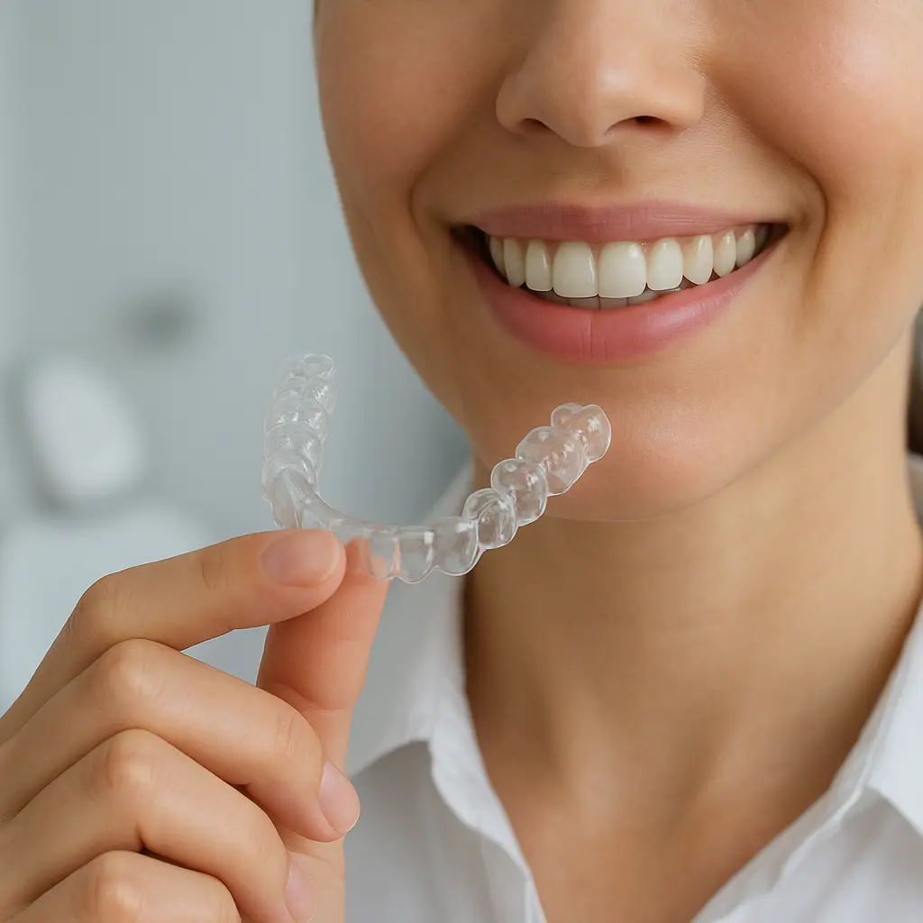 Mulher mostrando alinhadores dentários invisíveis em seu sorriso